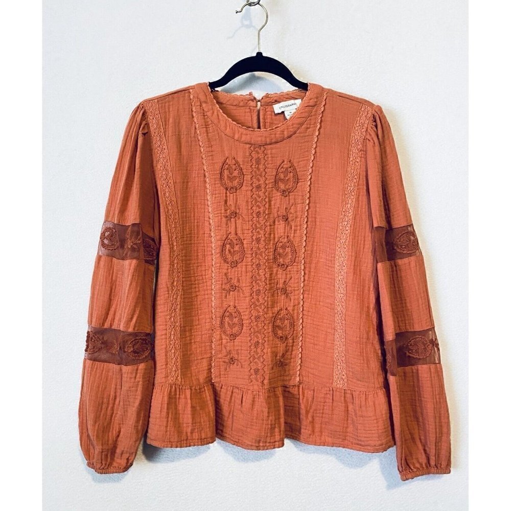 Calligraphie Top Womens Medium Embroidered Crochet Ruffle Hem Peasant Boho